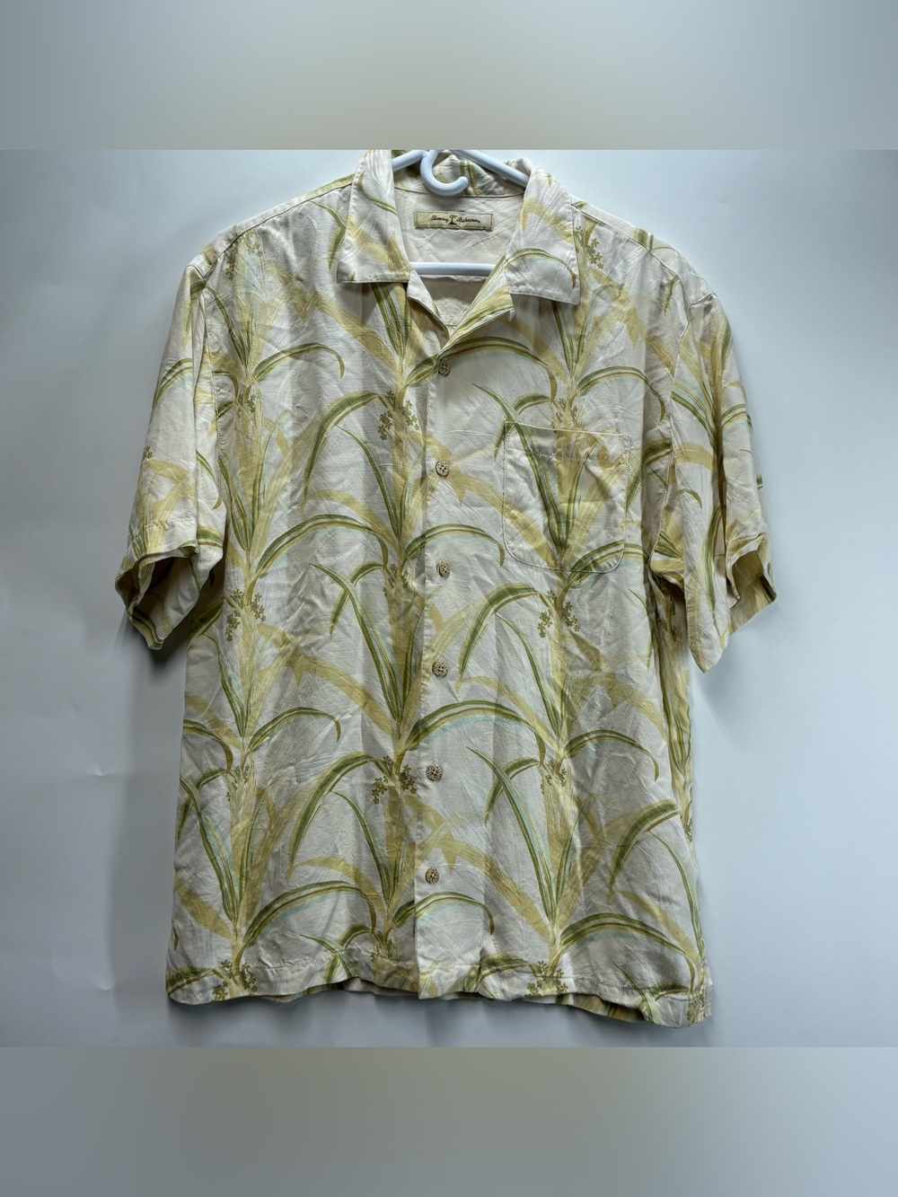 Tommy Bahama Mens XL Silk Button Up Short Sleeve Shirt Floral White Yellow